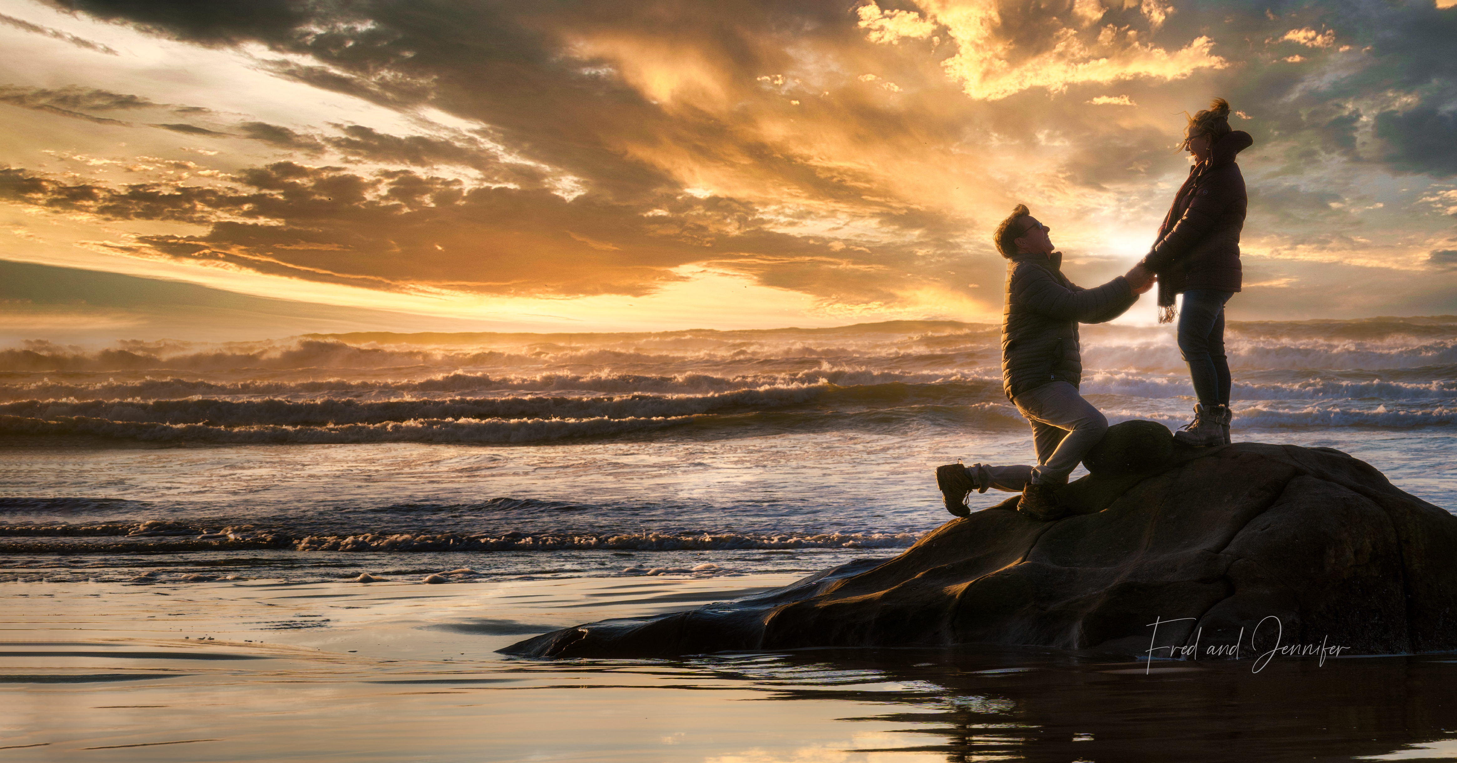 Fred proposes to Jennifer on the Oregon coast beneath a dramatic sunset sky.
