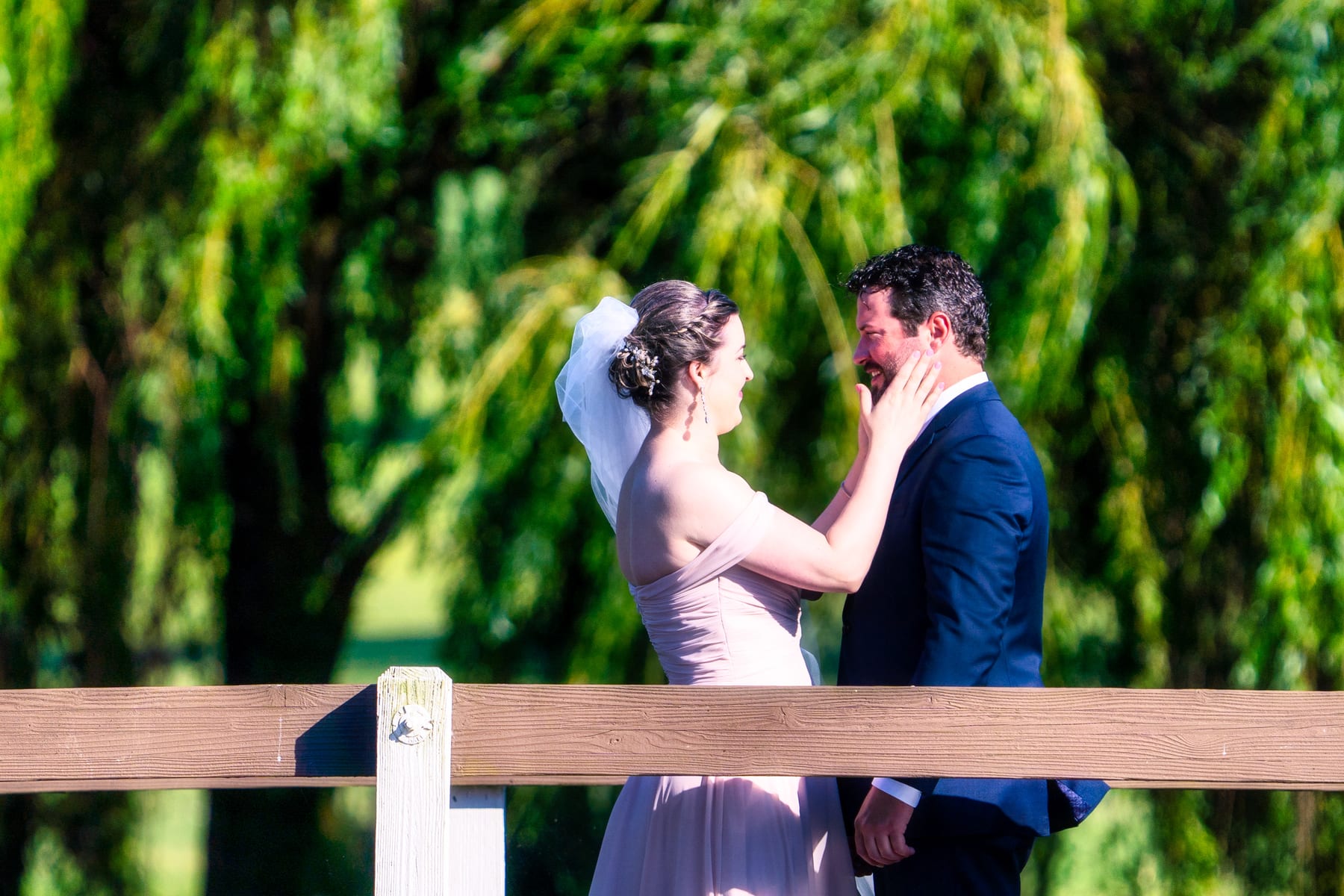 A couple shares a quiet first dance beneath a willow tree.
