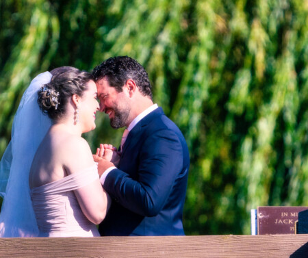 A newlywed couple sharing a quiet moment together.